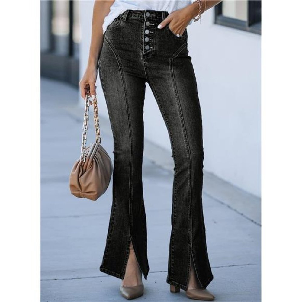 Black High Waist Flare Jeans Split Straight Leg‎ Dark Wash Denim Jean Pants